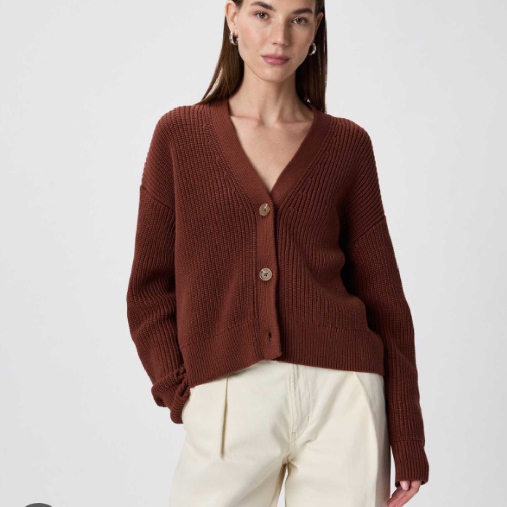 Quince 100% Organic Cotton Fisherman Boxy Cropped Cardigan Redwood Brown Size S